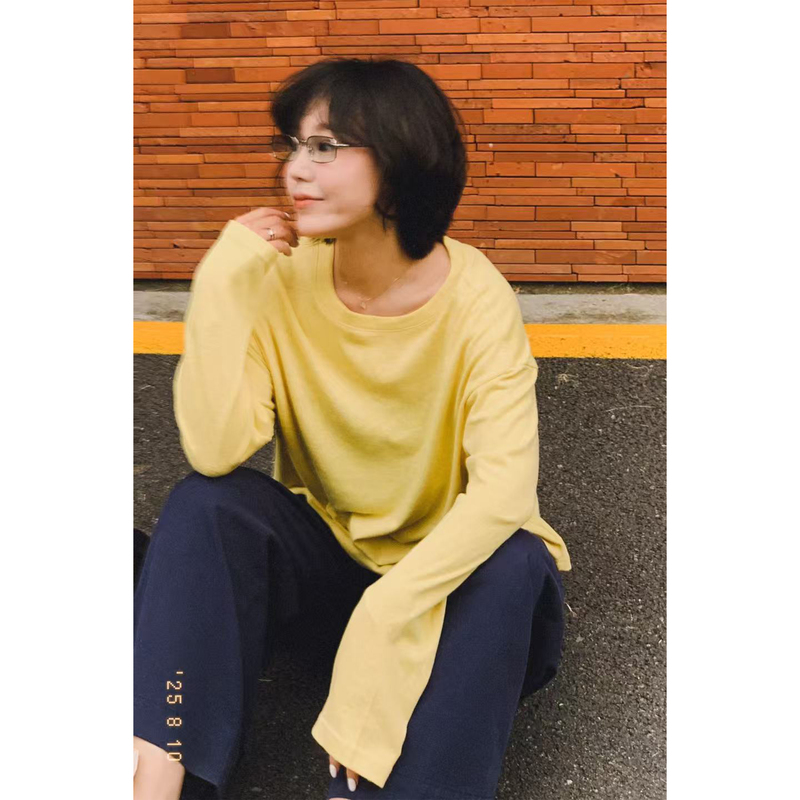 Aze Sea of People, All-Season Basic Inner Wear, Lazy and Loose-Fitting Yellow Paper-Thin Women's Long-Sleeved T-Shirt Base Layer