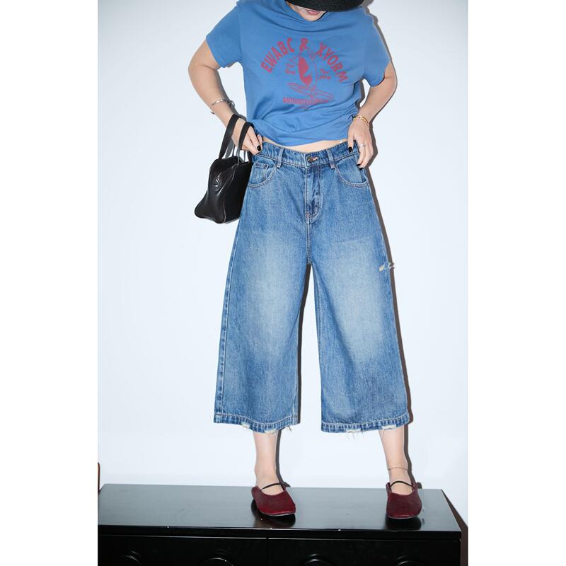 Aze Second-Hand New Style Casual High-Waisted Wide-Leg Dark Blue Washed Distressed Ripped Cropped Jeans
