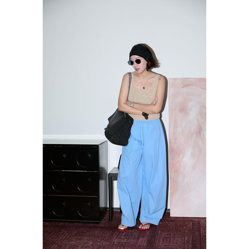 Aze Semi-Sweet Blue Thin Blue 100% Cotton Elastic Waist High-End Casual Wide-Fit Simple Long Pants 2026 New Model for Women