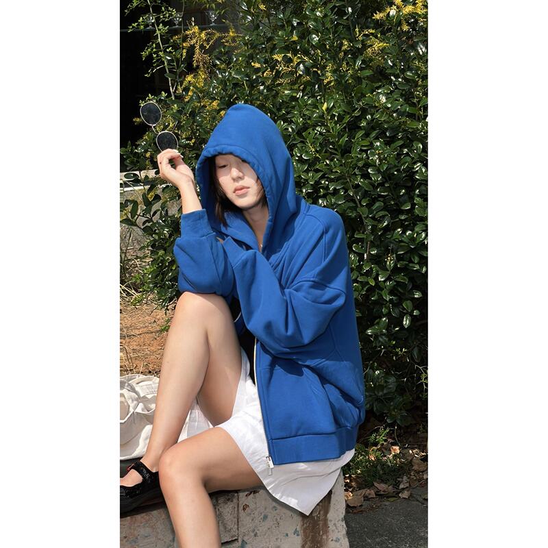 Aze Bruce Blue 100 Cotton Classic Casual Versatile Simple Fashion Hooded Sweatshirt Jacket New Style for Women