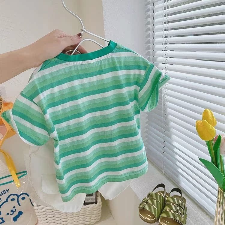 Male children t-shirt cotton striped shirt Korean baby boy foreign air short sleeve boy half sleeve 2021 summer dress blouse-Taobao
