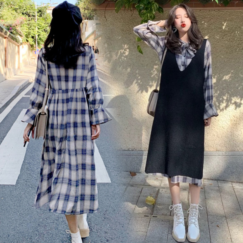 Large size women's clothing 2021 early spring new all-match inner dress, fat mm, loose, cover the belly and show thin plaid skirt suit