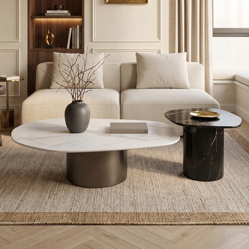Italian-Style Minimalist Marble-Patterned Coffee Table, Slate Coffee Table Set with a Design Sense, Large and Small Round Coffee Tables for Small Living Rooms