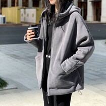Full Quantity Inspection Womens Wide Version Drop Shoulder Sleeves Casual Sports Loose Thick Fleece Hooded Jacket