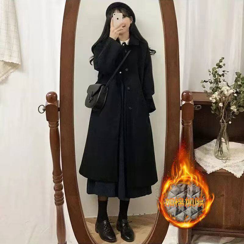 Hepburn wind wool coat female small 2021 new Korean version of medium and long student black wool coat autumn and winter