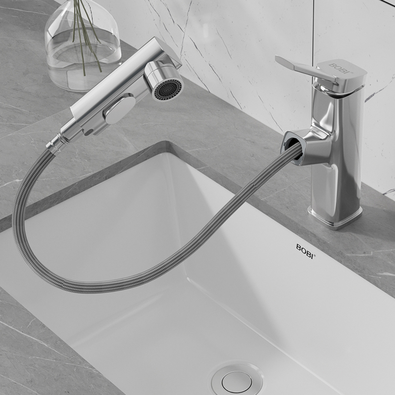 Bobi Pull-Out Faucet for Hot and Cold Water, Bathroom Sink Single-Hole Washbasin Faucet, Balcony Faucet