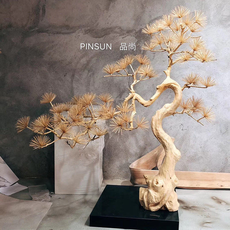 New Chinese log welcomer pine pine piece of hotel lobby villa sales center staircase sculpture