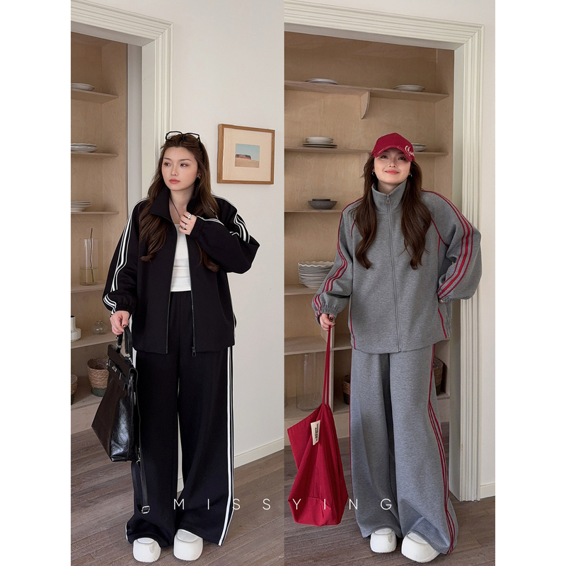 Miss Ying's Plus-Size Women's Clothing [Sunset Flight] Classic Striped Suit New Sports Jacket and Pants Two-Piece Set