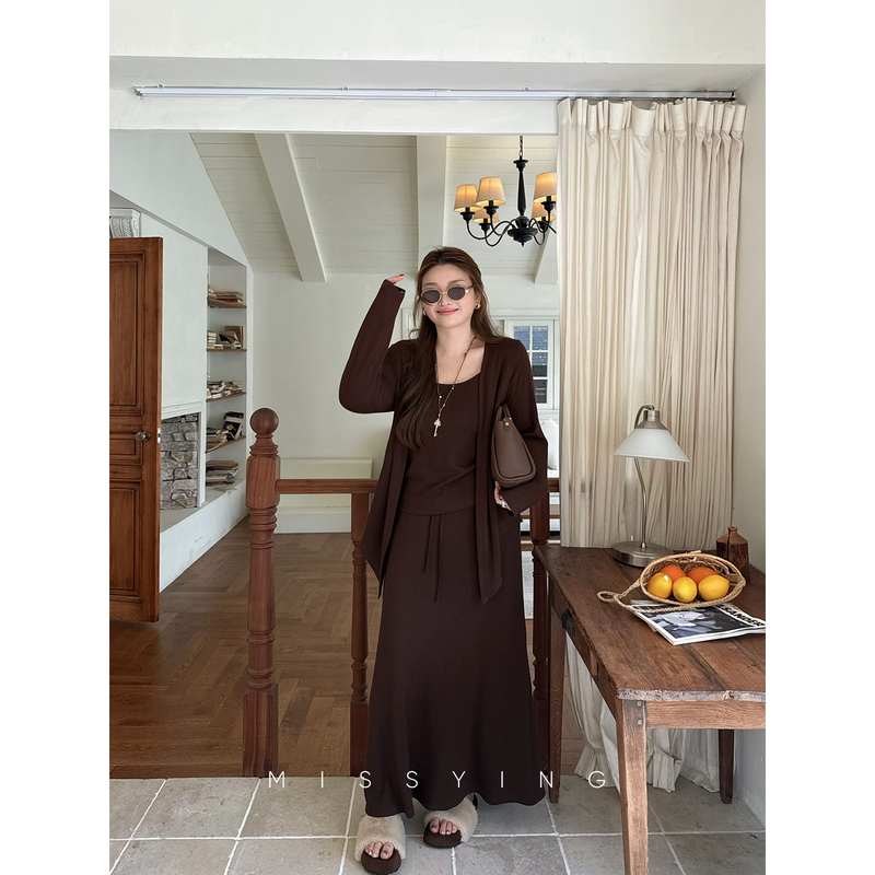 Miss Ying's Plus-Size Women's Clothing [Ke Lu Li] Casual Suit, New Autumn Knit Cardigan, Slimming Vest Three-Piece Set
