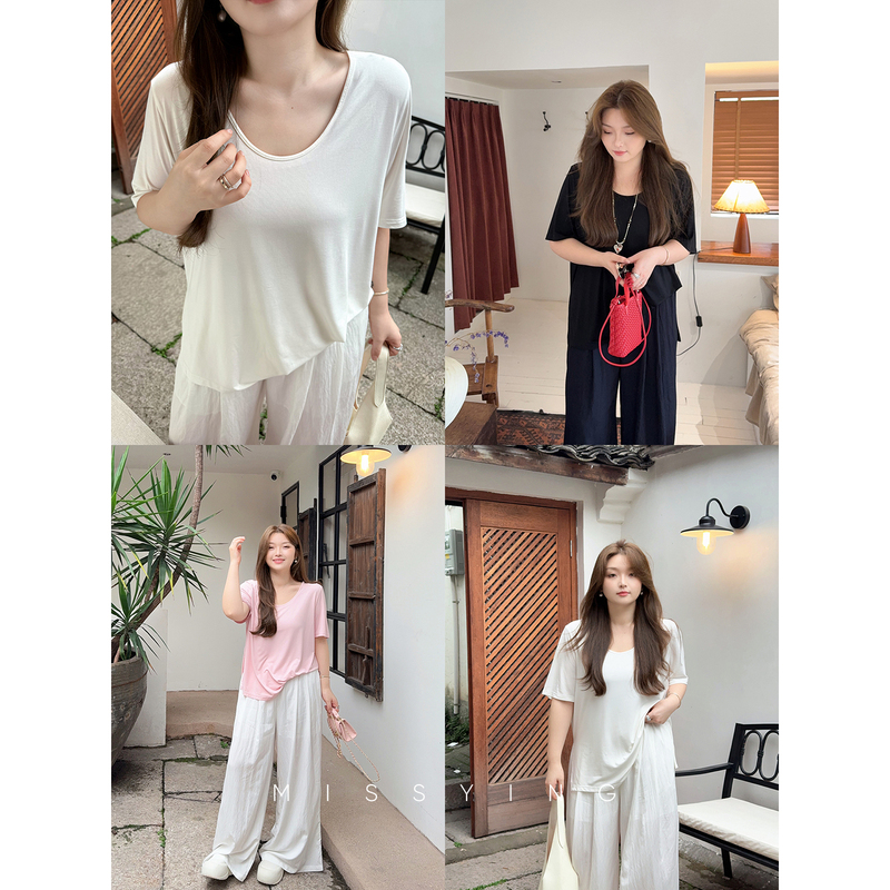 Miss Ying's Plus-Size Women's Clothing [Mask t] Simple Slimming Solid Color Short-Sleeve T-Shirt, New Summer Basic Versatile Top