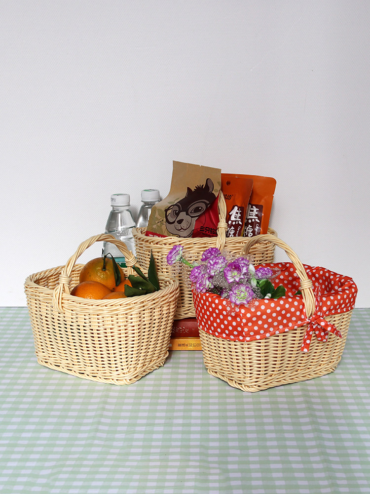 Pastoral style woven basket children's picking basket set cloth small flower basket living room storage picnic basket square decoration