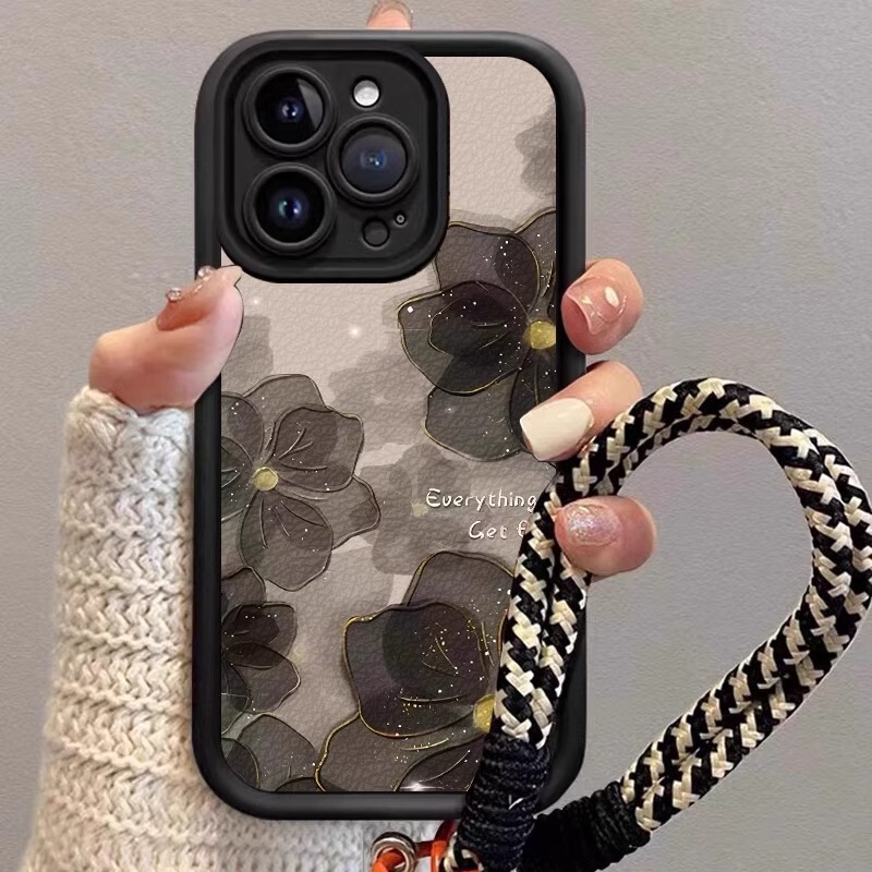 [Quality Soft Silicone] Suitable for Apple 17 Pro Max Phone Case 16 Black and Gold Camellia Painting iPhone 15 Pro High-End Feel 14Pm with Lanyard 13 Oil Painting 12 Artistic X Fresh Style