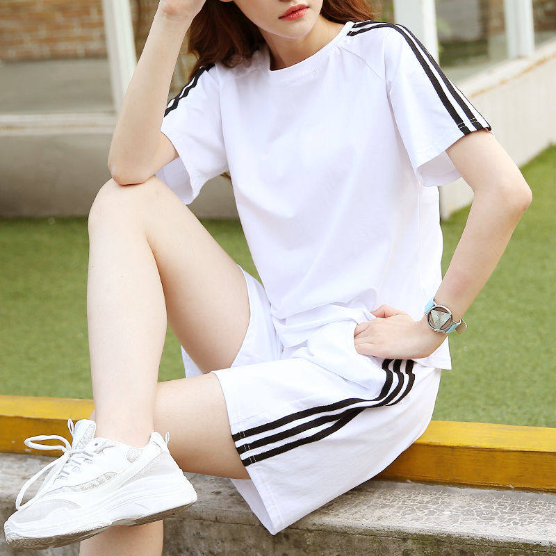 Sportswear suit female summer sports running high school entrance examination cotton loose test five-point pants short-sleeved square dance training