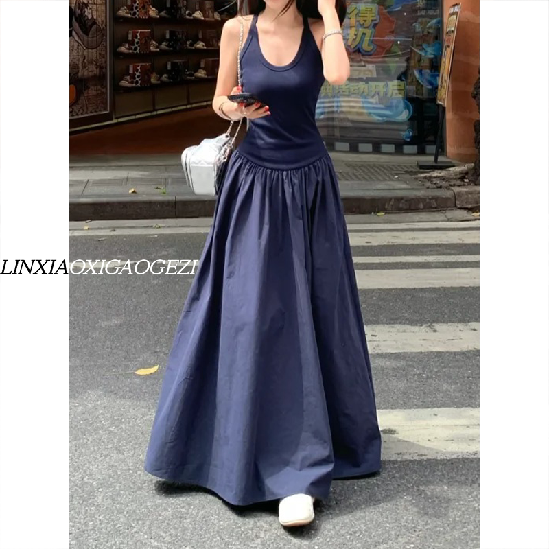 175cm Tall Gentle Style U-Neck Halter Dress for Women, Summer Extended Version, Slim Fit, Sleeveless, Waist-Cinching, Long Skirt with a Large Hem