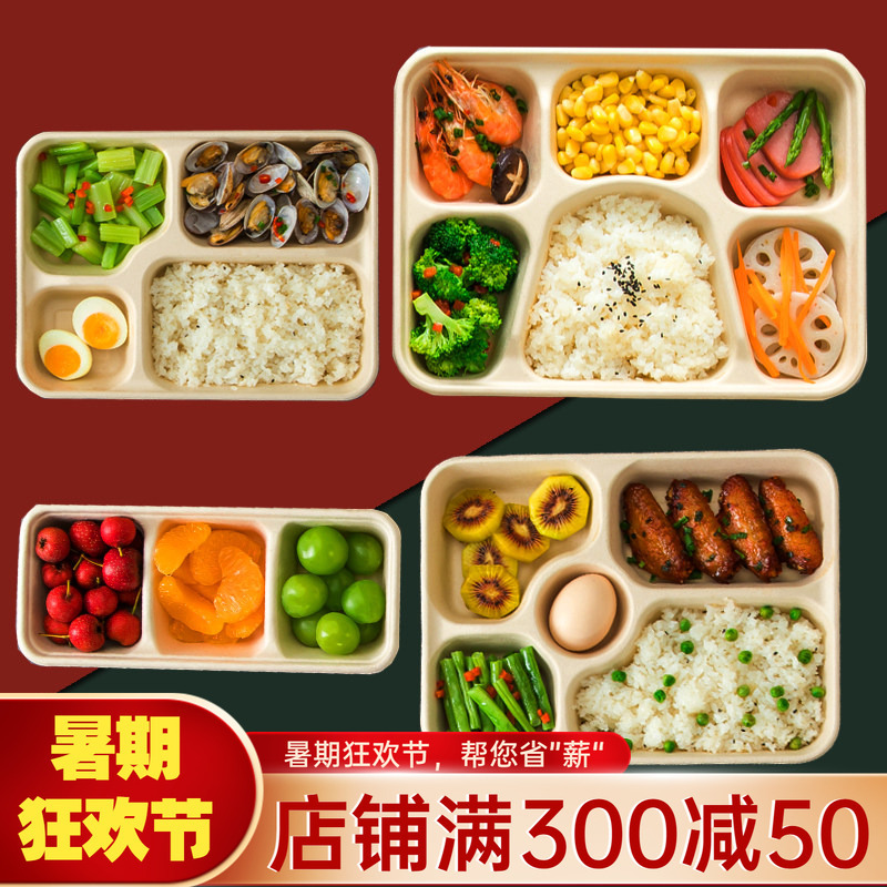 Disposable Four-Compartment Lunch Box, Pulp Meal Box, Eco-Friendly, Biodegradable Takeaway Packaging Box, Three-Compartment, Four-Compartment, Five-Compartment Food Containers