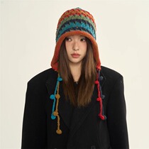 Korean style fashion designer handmade crochet colorful ball wool hat for women autumn and winter lace-up tassel pullover cold hat