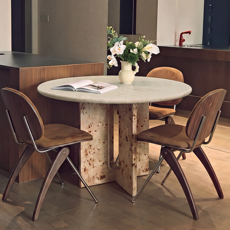 Spring House Vintage-Style Travertine Stone Round Dining Table, Wabi-Sabi Style High-End Home Dining Table and Chair Set for Small Apartments, Round Table Spring House Vintage-Style Travertine Stone Round Dining Table, Wabi-Sabi Style High-End Home Dining Table and Chair Set for Small Apartments, Round Table