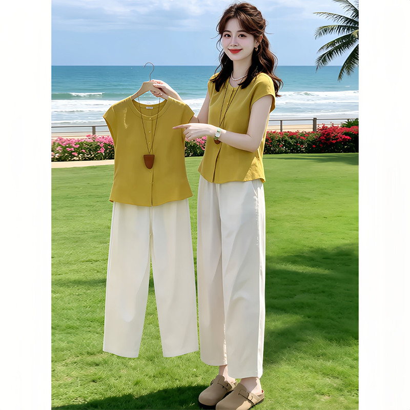 2026 Summer New Style Waist-Cinching Short Shirt and Straight-Leg Pants Two-Piece Set for Women, Loose-Fitting Korean-Style Casual Suit