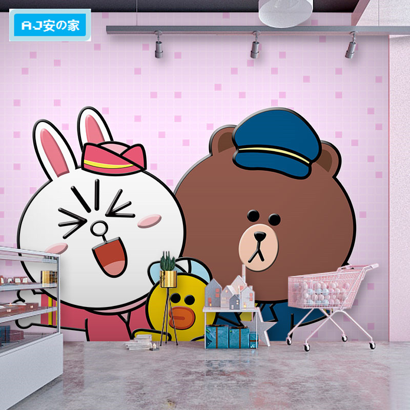 Pink Brown Bear theme wallpaper cartoon line Keni rabbit mural dessert milk tea shop wallpaper children's room closet