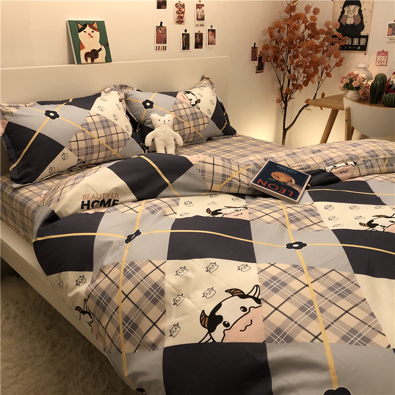 ins Nordic style Sub-cow bed Four pieces of water washed cotton quilts by sleeve Cartoon Single Dormitory Bed Linen Three Sets-Taobao