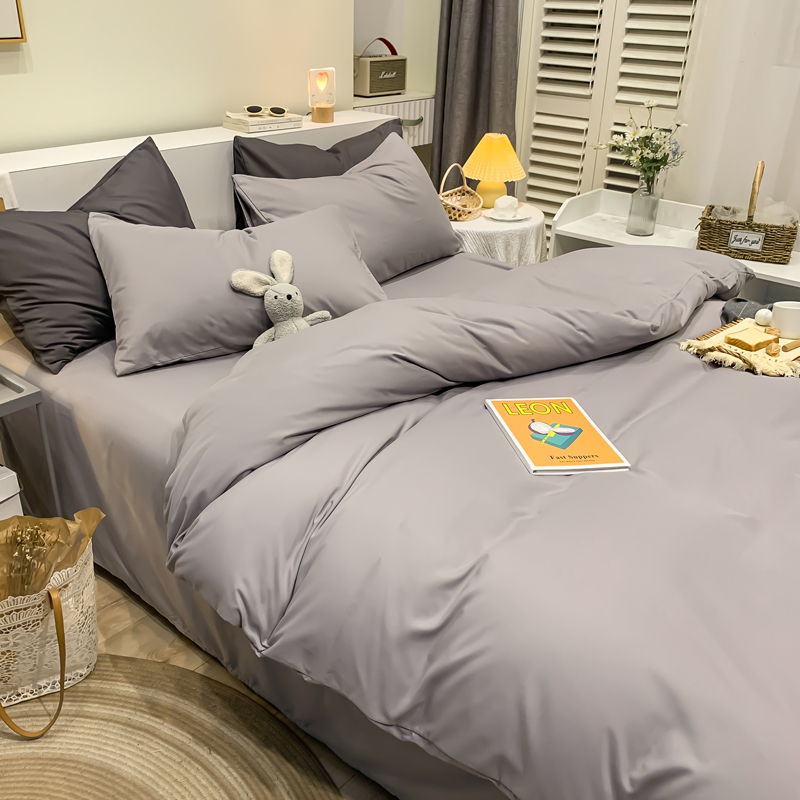 Japanese-style washed cotton solid color bed sheet quilt cover bed four-piece set autumn and winter naked sleeping quilt student dormitory three-piece set