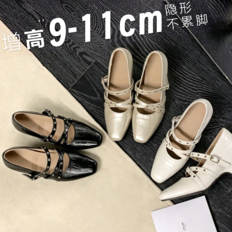 【French Romance】9Cm Height-Increasing Studded Cross-Strap Square-Toe Wedge Heel Ankle Strap Shallow Mouth Single Shoes 5012 Shoes