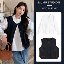 Maternity wear 2024 spring suit Korean style fashion hot mom personalized top retro round neck denim vest shirt for women
