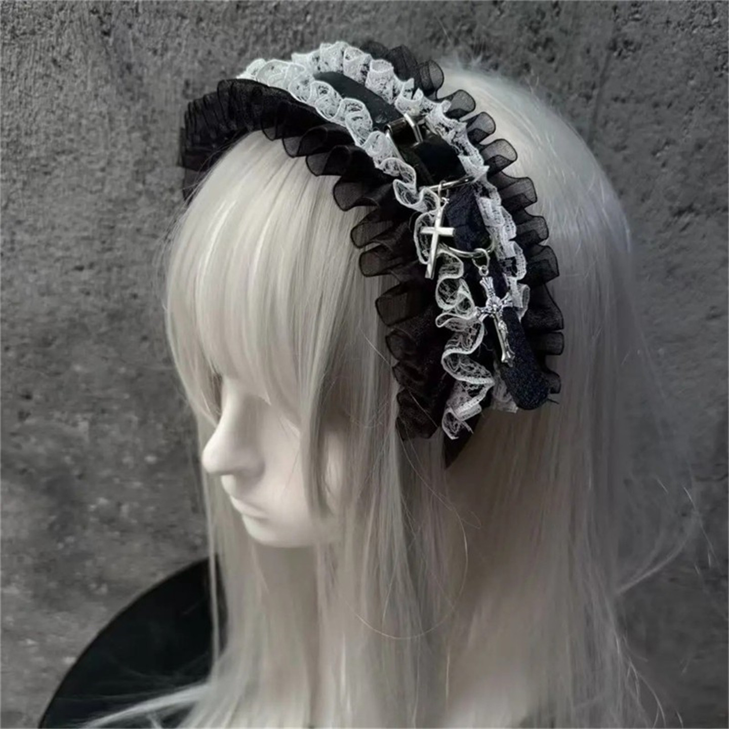 Lolita hair accessories, original Harajuku black and white subculture lace leather cross dark punk gothic headband