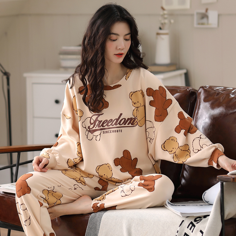 Pajamas women spring and autumn cotton long sleeve cartoon bear suit home clothing summer thin loose size can be worn outside
