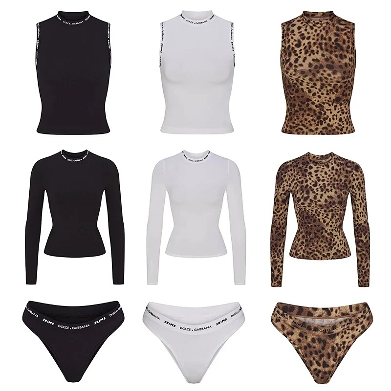 Dg&Skims Kardashian Luxury Limited Edition Cotton Brushed Cotton All-Over Logo Printed Waist-Cinching Long-Sleeve/ Sleeveless Top