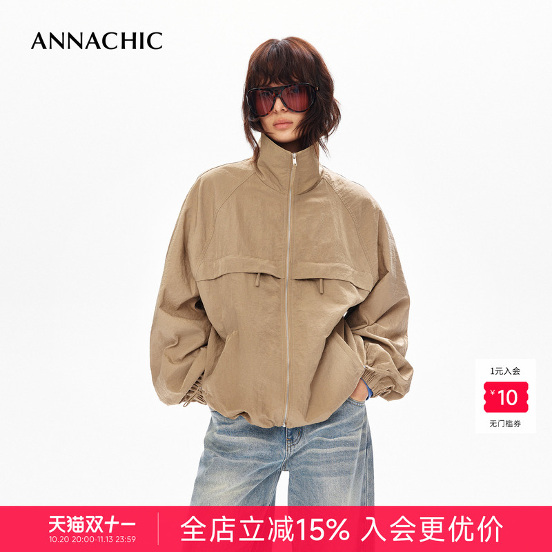 Annachic Fashionable and Relaxed Outdoor Stand-Up Collar Loose Jacket for Women/Designer Cool Workwear Casual Short Jacket