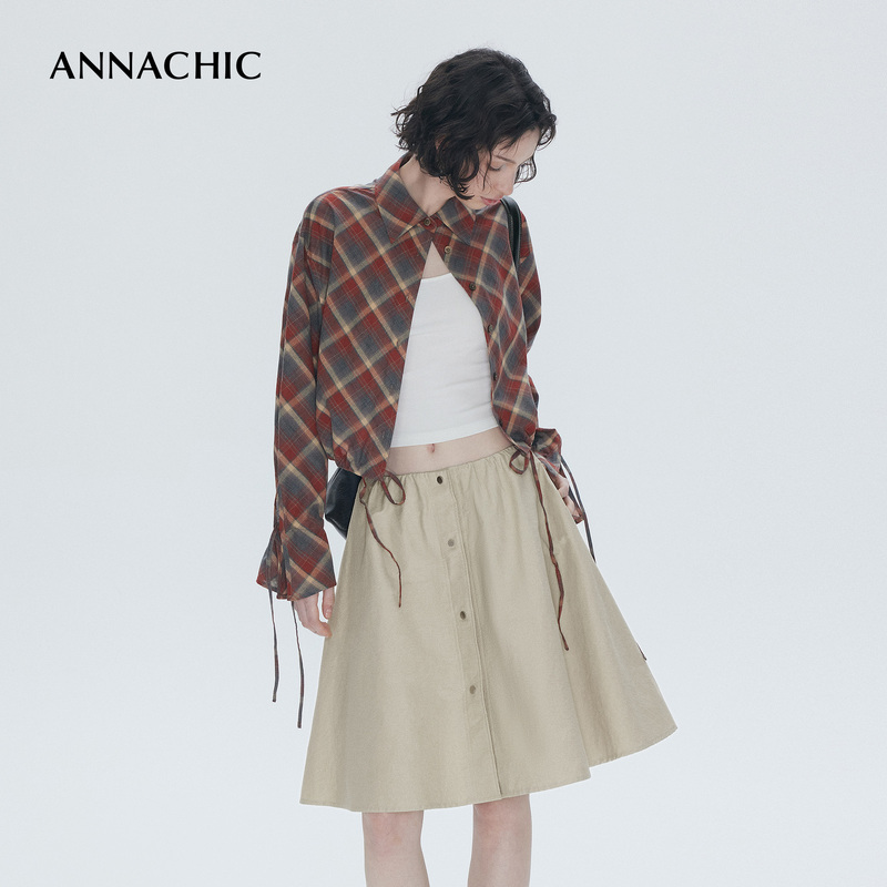 Annachic Fashionable Blogger Style_Retro Plaid Short Shirt_Loose-Fitting Tie-Up Plaid Shirt/Top Annachic Fashionable Blogger Style_Retro Plaid Short Shirt_Loose-Fitting Tie-Up Plaid Shirt/Top