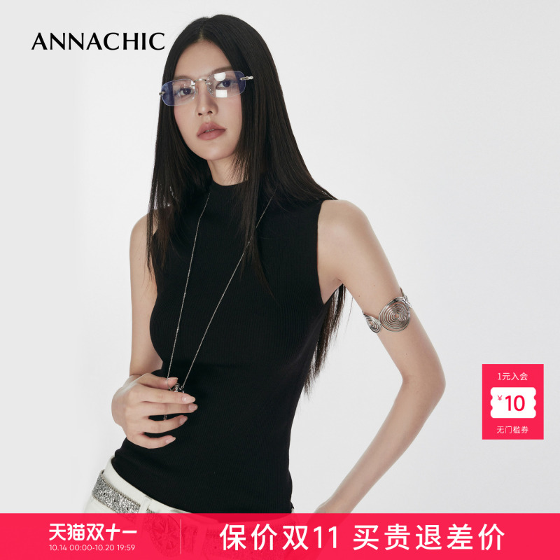 Annachic Must-Have for All Seasons/Black Half-High Collar Sleeveless Knitted Top Vest for Women Summer_Outerwear Slim-Fit T-Shirt Annachic Must-Have for All Seasons/Black Half-High Collar Sleeveless Knitted Top Vest for Women Summer_Outerwear Slim-Fit T-Shirt