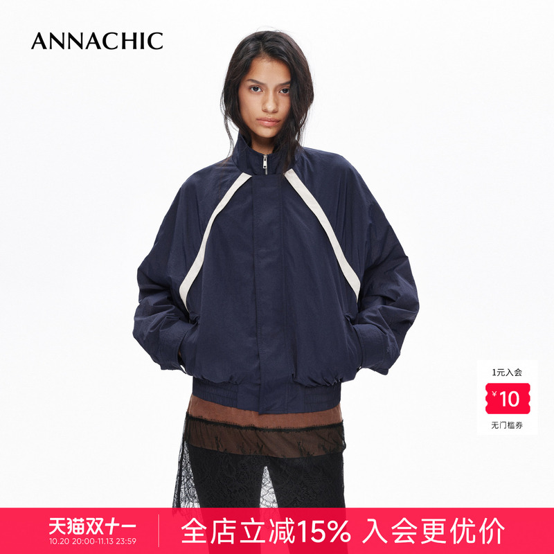 Annachic Fashionable Retro/Light Sports Windproof Color-Block Stand Collar Jacket/Loose Fit Bomber Jacket