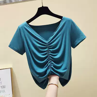 South Korea summer New ins Super fire slim short coat women's vneck high waist pleated foreign pie age reduction short sleeve t-shirt