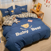 Childrens house pure cotton linen 4 pieces full cotton bed Ogasawara Bear quilt cover 1 5m meters blue bed with supplies Three sets