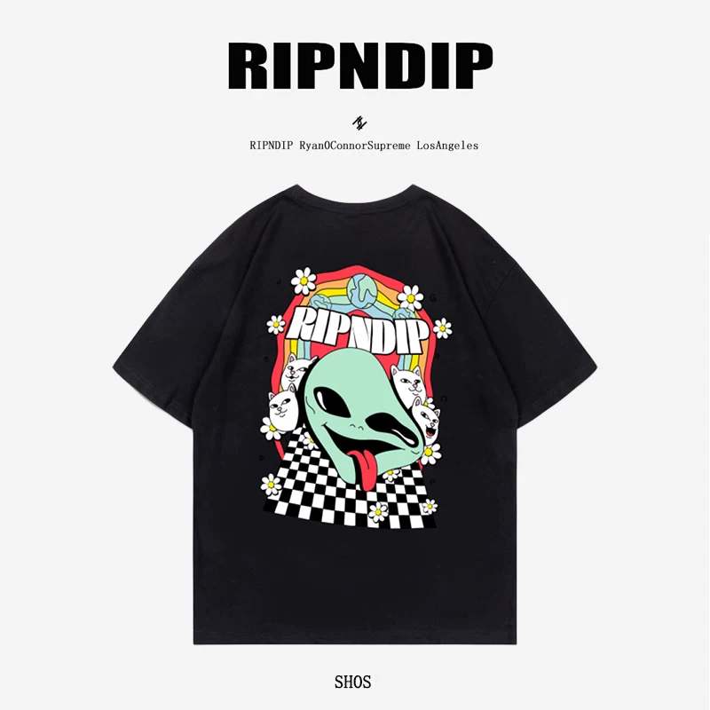 Американская повседневная футболка RIPNDIP с котом-стертым выражением лица, короткий рукав, жест среднего пальца, вымышленный язык, широкий крой, для мужчин и женщин пары