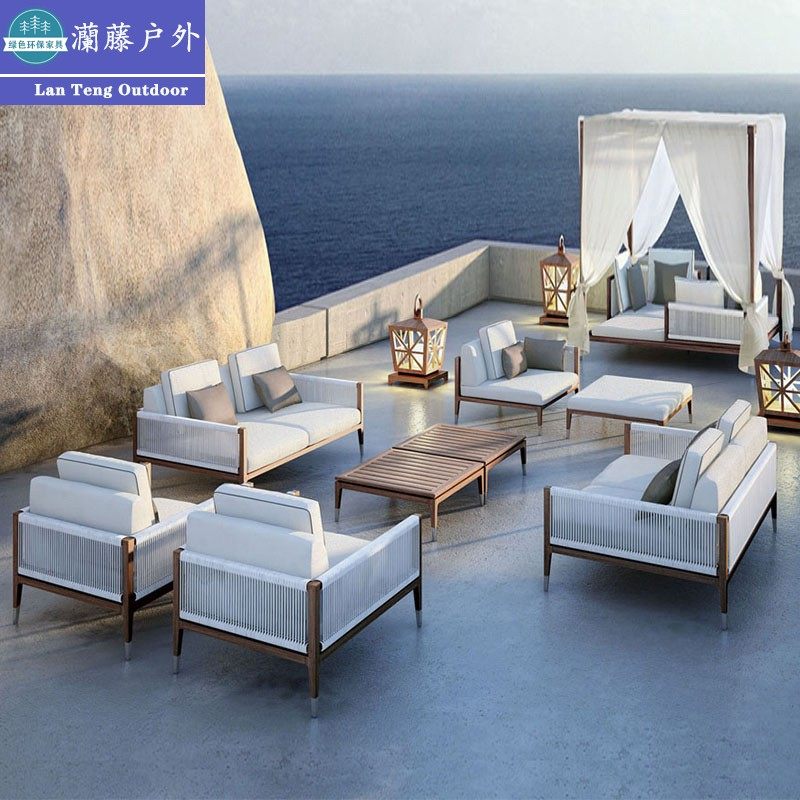 Teak Outdoor Sofa Outdoor Garden Garden Waterproof Sunscreen Leisure Rattan Design Hotel Solid Wood Coffee Table Furniture