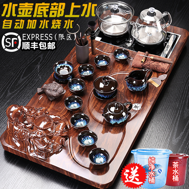 bàn uống trà đẹp Bộ khay trà sử dụng tại nhà Ấm đun nước thủy tinh đáy nước hoàn toàn tự động tất cả trong một Bộ trà Kung Fu Bộ trà hoàn chỉnh đơn giản bàn trà tròn mặt kính bàn trà gỗ tròn