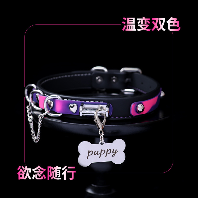 Genuine Leather Collar with Temperature-Sensitive Color-Changing Dog Bone Design, Choker Neck Ring, Mood-Enhancing Accessory, Necklace, Ins-Style Neckwear