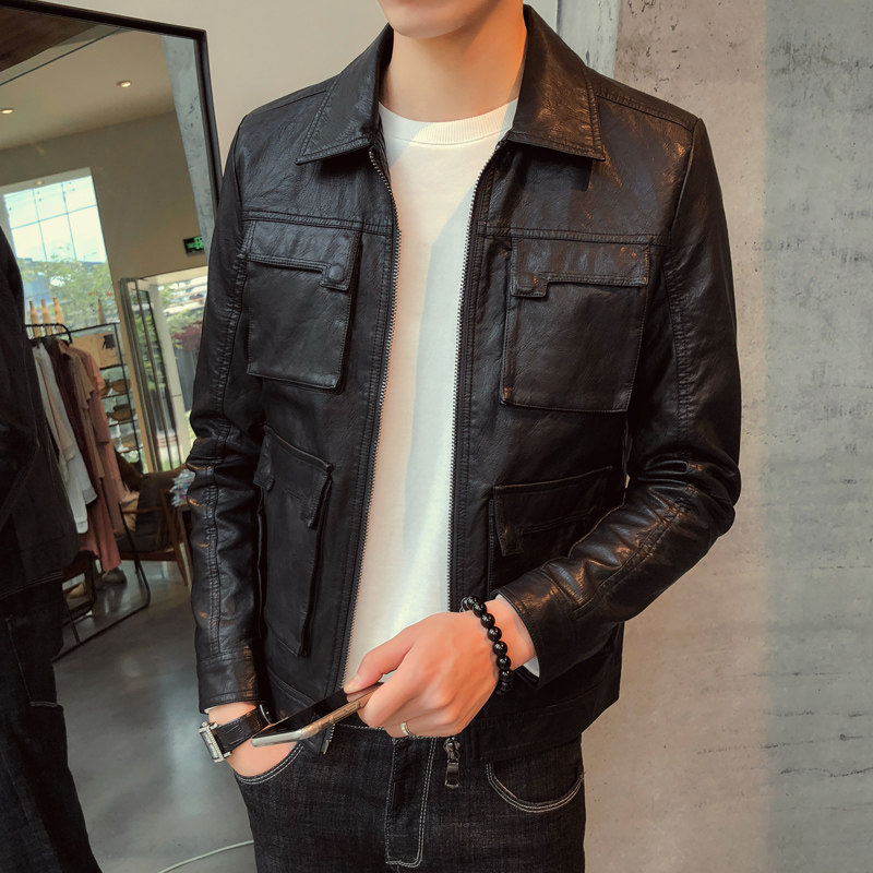 Tide brand men's leather jacket spring and autumn new Korean version trendy all-match handsome motorcycle jacket lapel leather jacket
