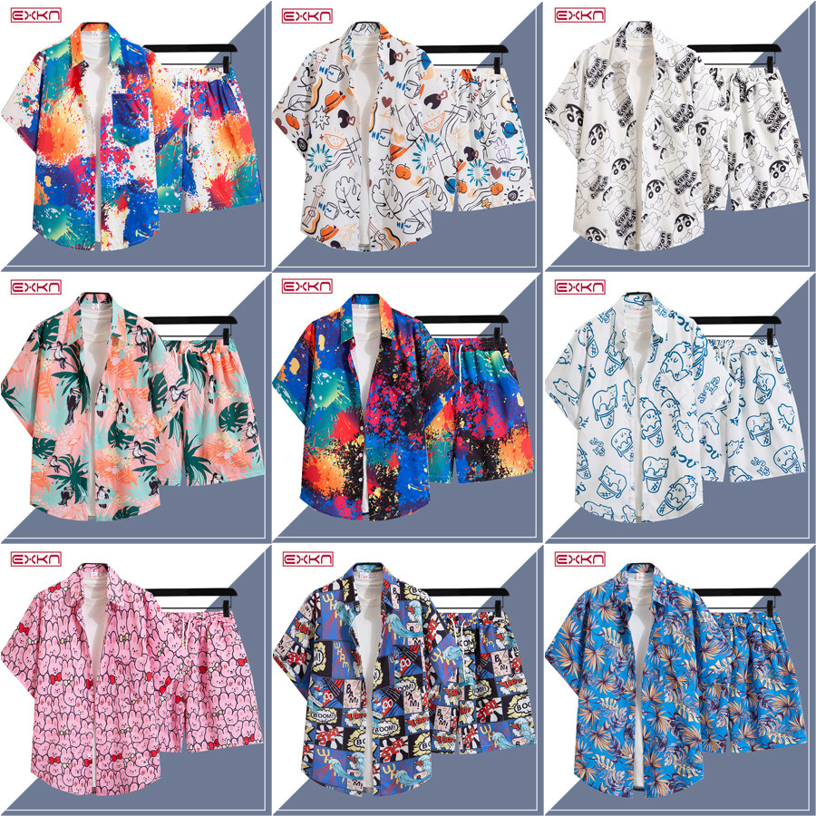 海南岛服东南亚风情套装花衬衫短袖男女同款五分袖宽松痞帅沙滩风