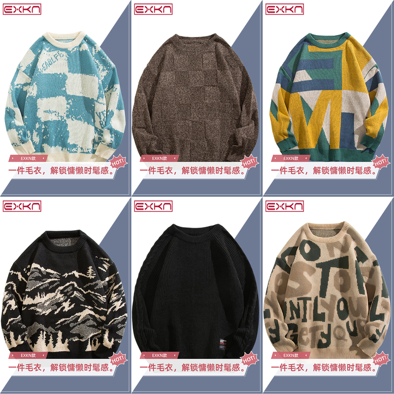 Autumn and Winter New Chinese Style Sweater for Men, Trendy Brand Thick Knitted Base Shirt, Hong Kong Style Loose Round Neck Couple's Top Jacket