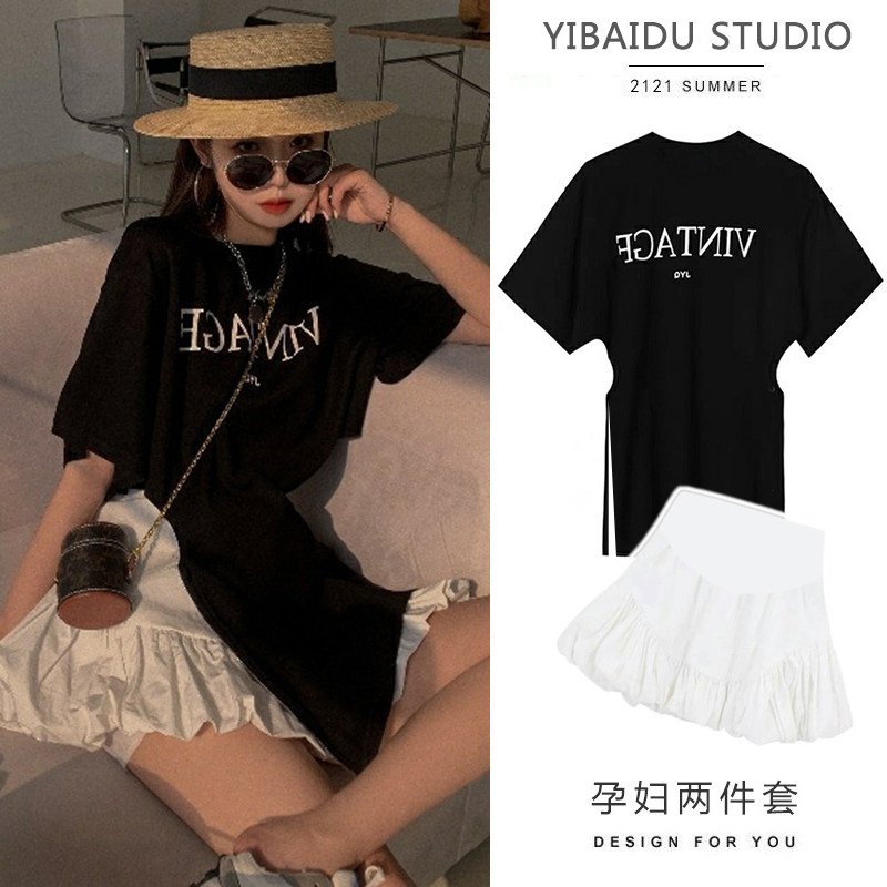 Pregnant women net red fashion suit female summer slit printing short-sleeved T-shirt pregnant women skirt skirt two-piece trendy