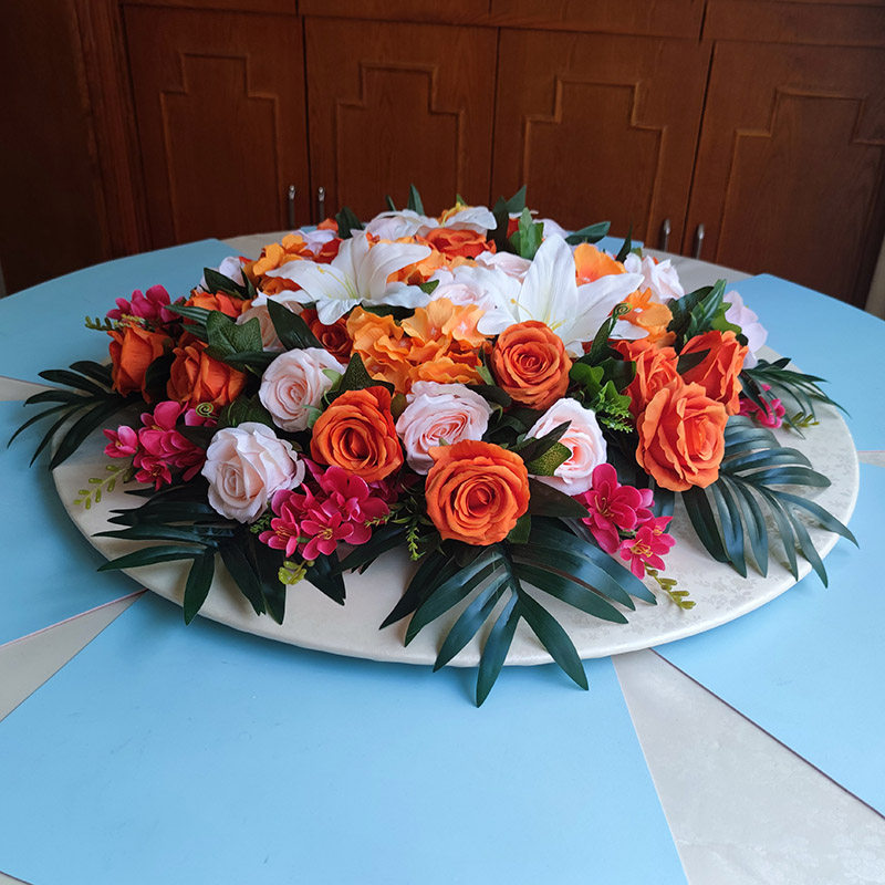 High-end hotel restaurant box round table middle turntable flower imitation flower table flower decoration orange
