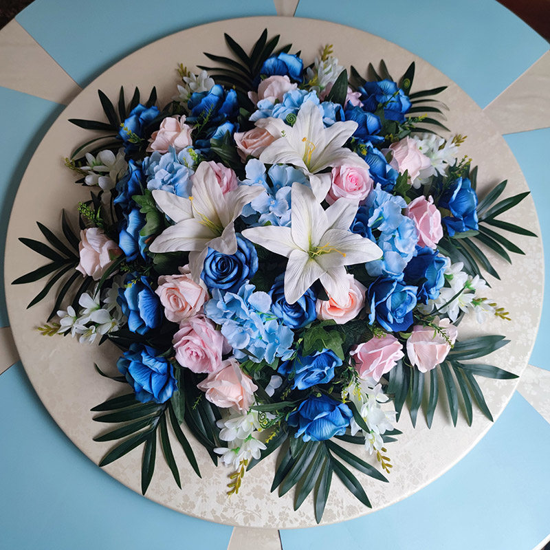 High-grade blue large round table middle flower simulation table flower hotel dining table electric turntable flower decorative flower ornaments