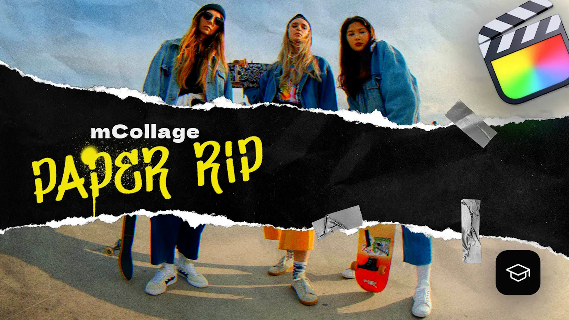 MotionVFX - mCollage Paper Rip 83种潮流前卫时尚美学趣味撕纸塑料纹理涂鸦笔画拼贴元素/标题文本动画/贴纸动画/宝丽来照片视频叠加效果转场过渡FCPX插件