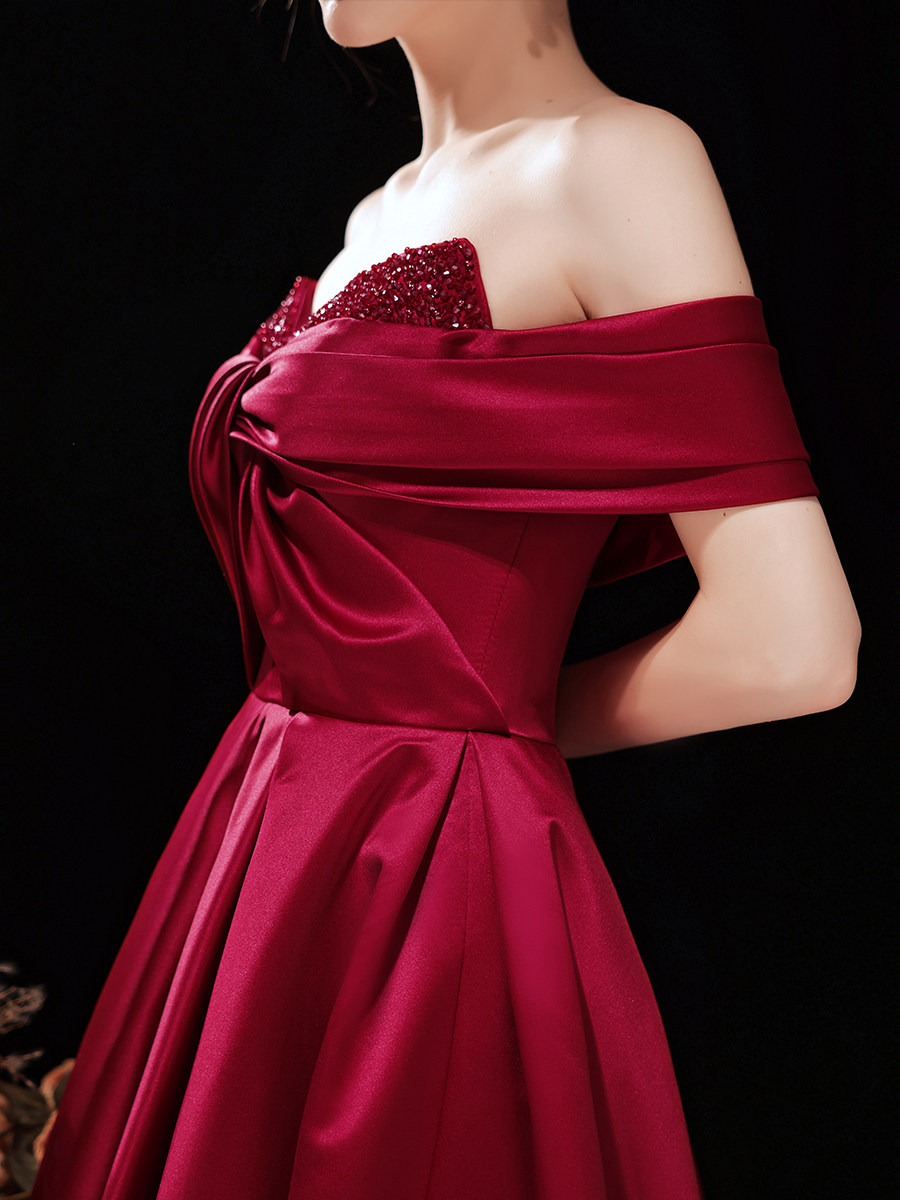 Wine red satin toast dress bride 2021 new wedding high-end light wedding dress one-shoulder engagement dress female