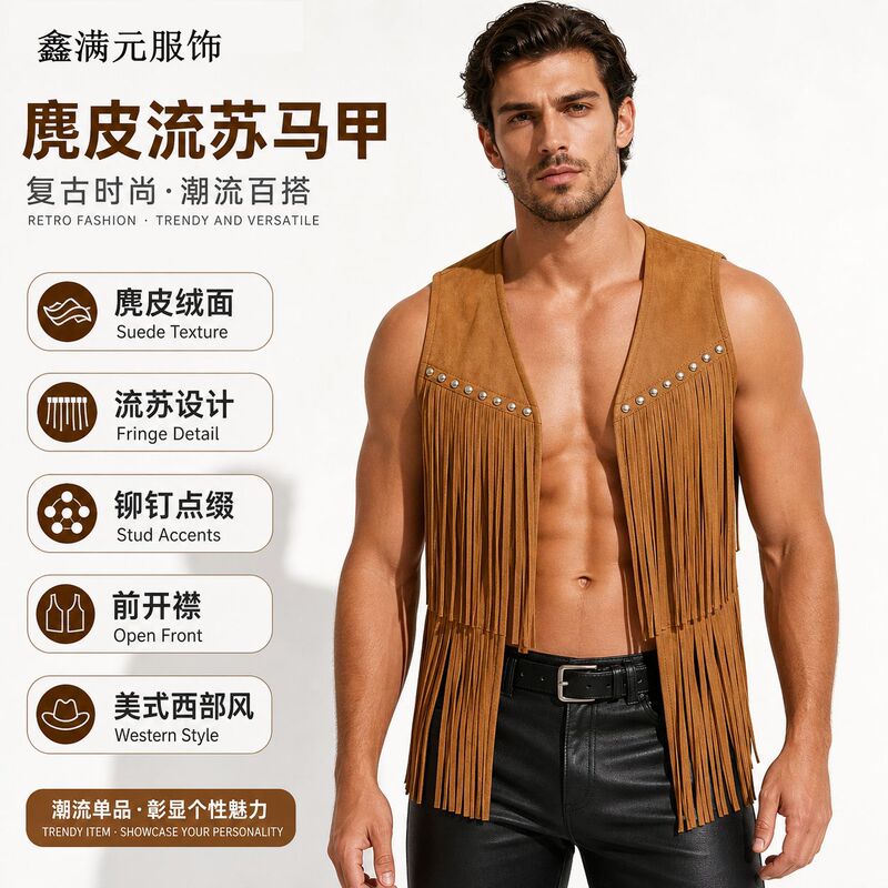 Amazon Men's Suede Sleeveless V-Neck Studded Detail Denim Fringe Trim Front-Open Vest Jacket