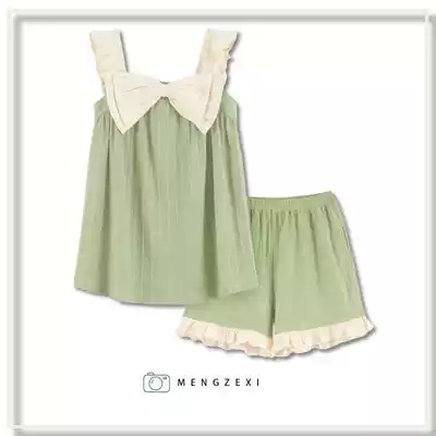 New year pajamas women Summer cotton sling shorts set cute bow vest ladies home clothes